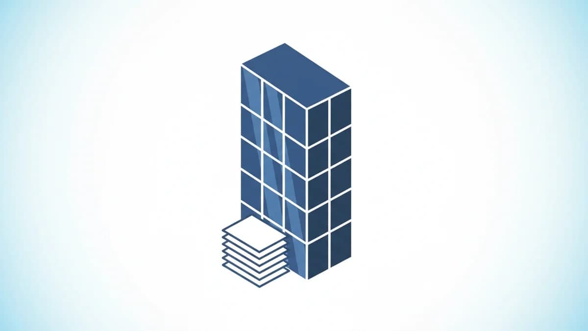 Glass office tower corner with a stack of quarterly reports.